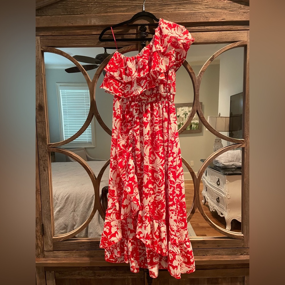 Red and white Hawaiian floral off-the-shoulder dress
